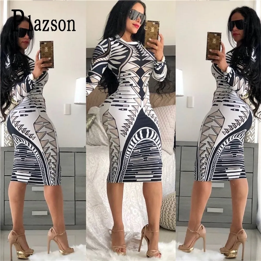 Letni Drukuj Nowość Bandaż Bodycon Sukienka Kobiety Z Długim Rękawem Długość Długość Dówna Elegancka Slim Midi Party Dresses Vestidos LJ200820