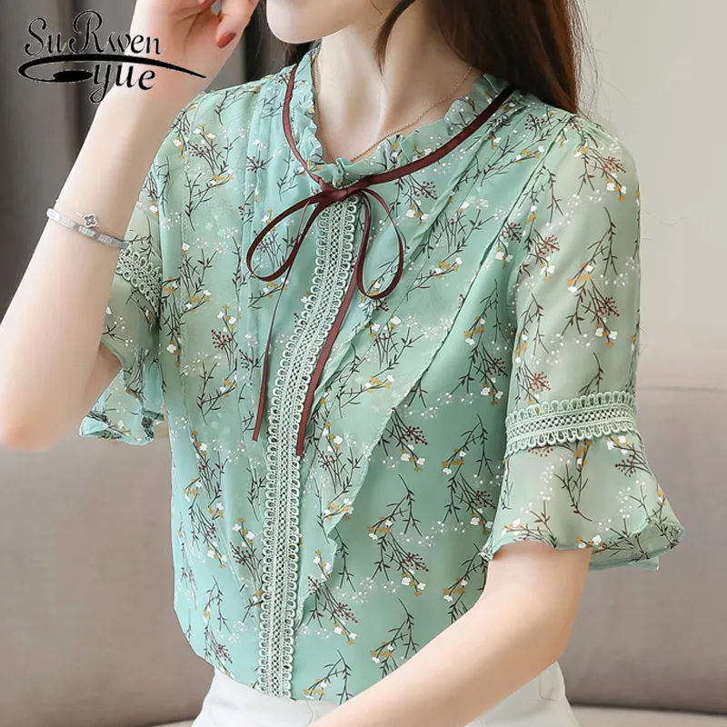 Zomer blouse voor vrouwen 2021 plus size vrouwen tops print chiffon blouse vrouwen korte mouw shirts Womens Tops en blouses 4564 50