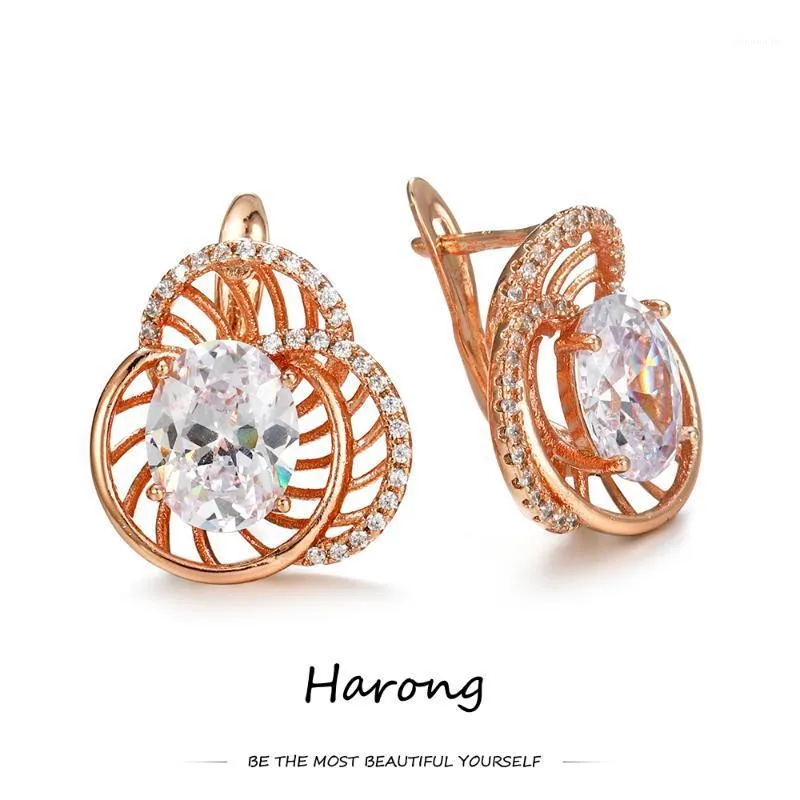 Stud Rose Gold Luxury Round Flower Crystal Zircon Örhängen Kvalitet Mode Kvinna Smycken Tillbehör Estetisk present