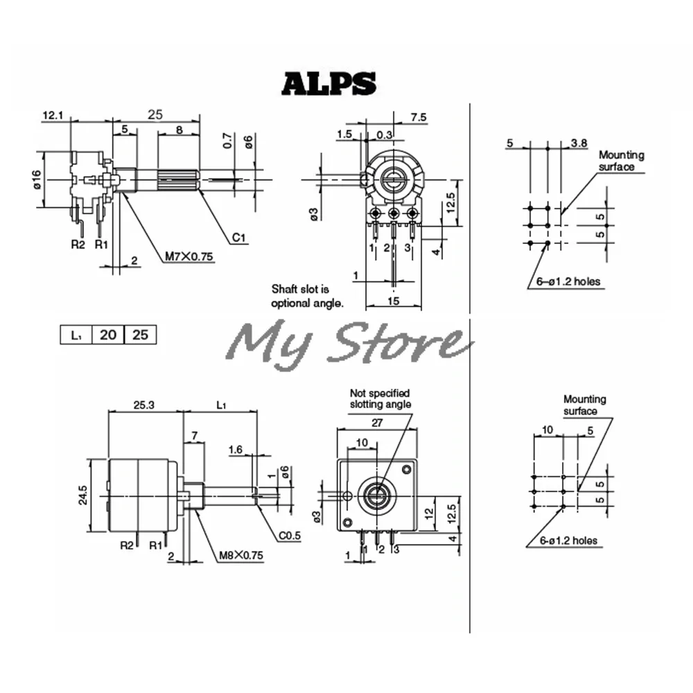 10K 20K 50K 100K 250K 500K ALPS RK27 VOLUME Ad5206 Digital