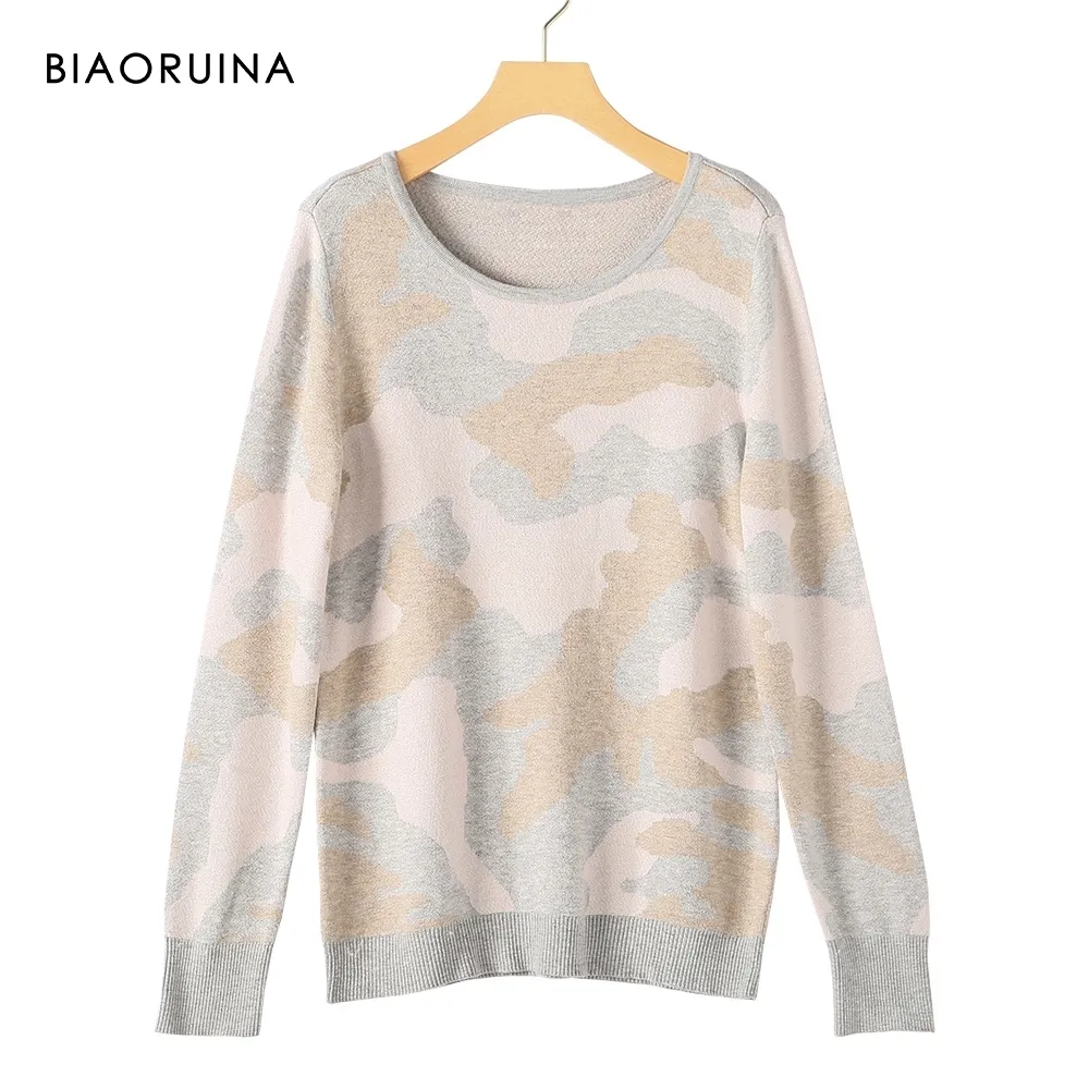 BIAORUINA Femmes Camo Jacquard Col Rond Casual Pull Tricoté Femme Tout-Match Confortable Pull Occasionnel Nouvelle Arrivée LJ200815