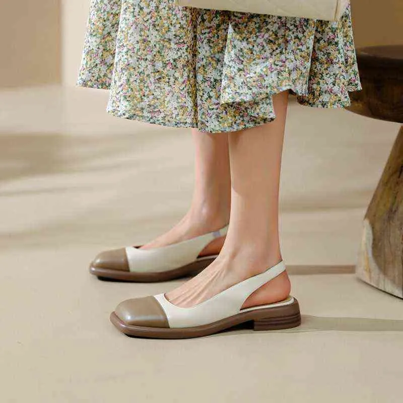 Sandels Summer Kvinnor Skor Round Toe Low Heel Blandade färger Sandaler Casual Split Läder Concise 220303