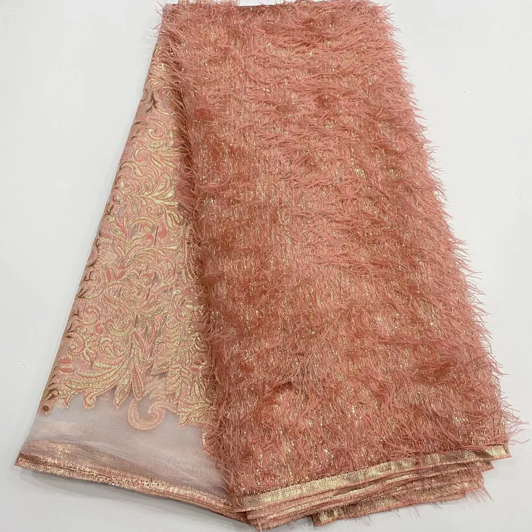 Nowa różowa francuska francuska koronka tkaniny z puszystym piórami nigeryjski koronki netto tkaniny haft koronki na imprezę DS01