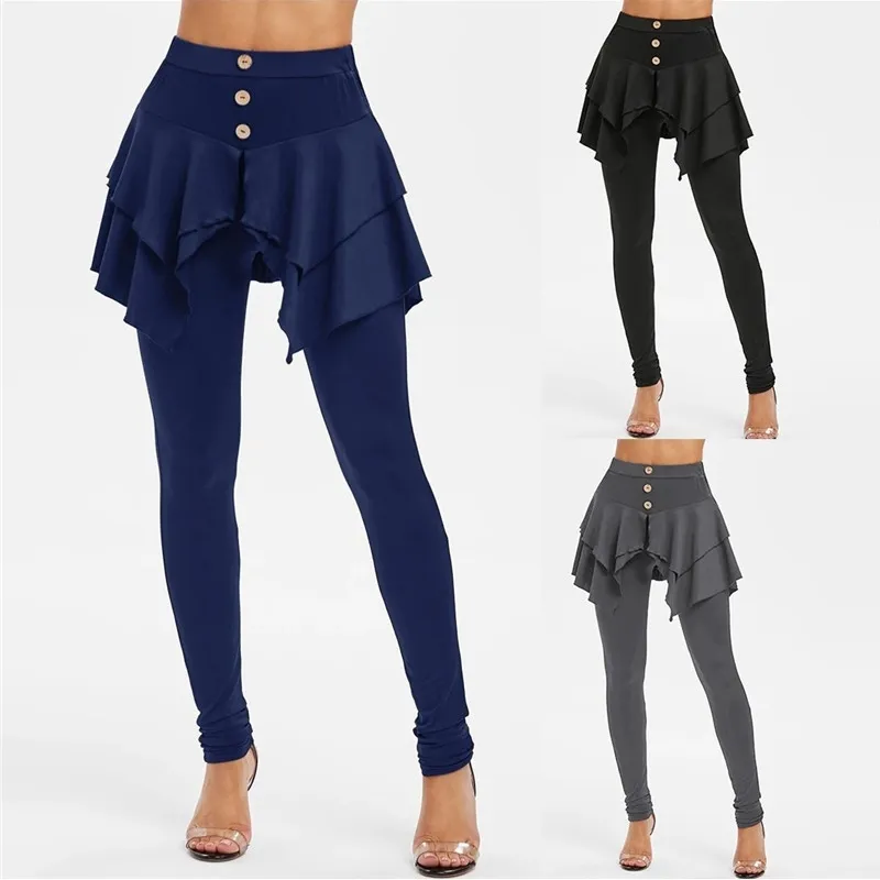 Newest Women Solid Color Ruffle Irregular High Waist Long Pants Layered  3-Button Mini Skirt Leggings Fitness Trousers With Skirt 201111