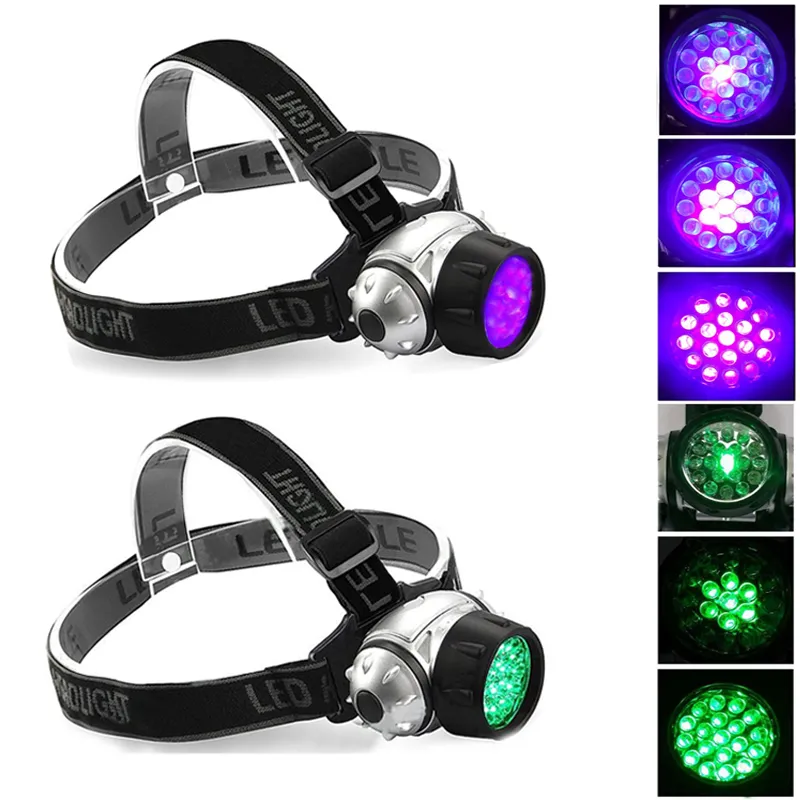 19 LED Headlamp 4 modos de luz ajustável luz verde UV luz para hidroponia horticultura cresce detectar escorpiões Pet urina manchas de óleo auto