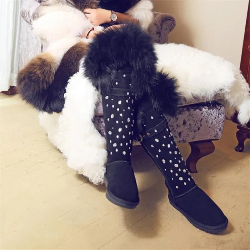 Bot kış siyah gerçek deri inek derisi diz üstü gerçek kürk rhinestone kristal kar kadınları sıcak pamuk ayakkabı