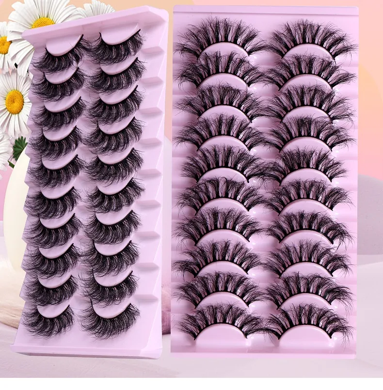 Extensions de faux cils en vison croisés épais et bouclés, doux et vifs, faits à la main, réutilisables, 10 paires, faux cils 3D, accessoire de maquillage pour les yeux, plateau à cils rose