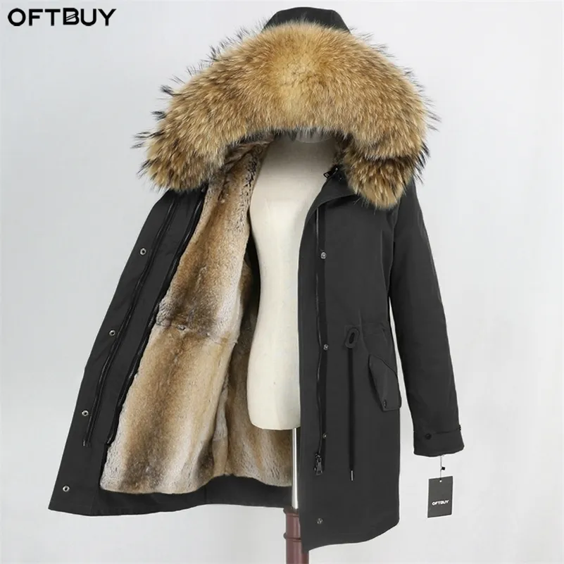 Oftbuy étanche Long Parka véritable manteau de fourrure Veste d'hiver Femmes Collier de fourrure naturel Raccon Fourrure véritable linger de fourrure de lapin détachable chaud 201212