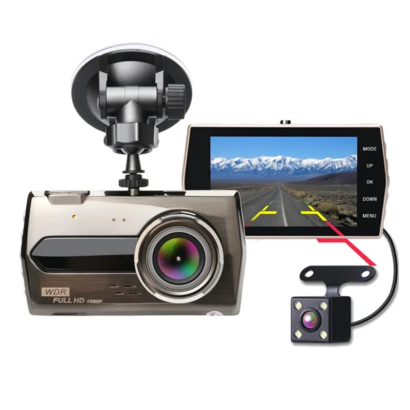 4インチメタルケースカーDVRドライビングビデオカメラ車DashcamフルHD 1080p 170°2 CHデュアルレンズナイトビジョンGセンサーパーキングモニター