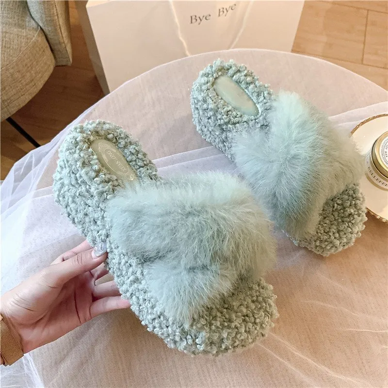 Winter Women House Slippers Faux Fur Fashion أحذية دافئة Wedge Heel Platform