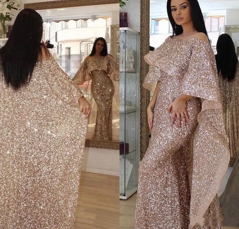 Sparkly Arabic Rose Gold Sequins Mermaid Evening Dresses With Long Cape Wrap 2022 Glitter Sequined Women Formal Party Gowns Prom Pageant Dress