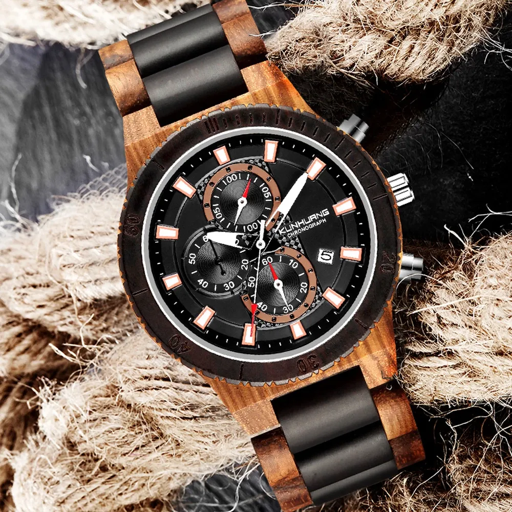 Military Style Quartz Chronograph Watch For Men Stylish Wood