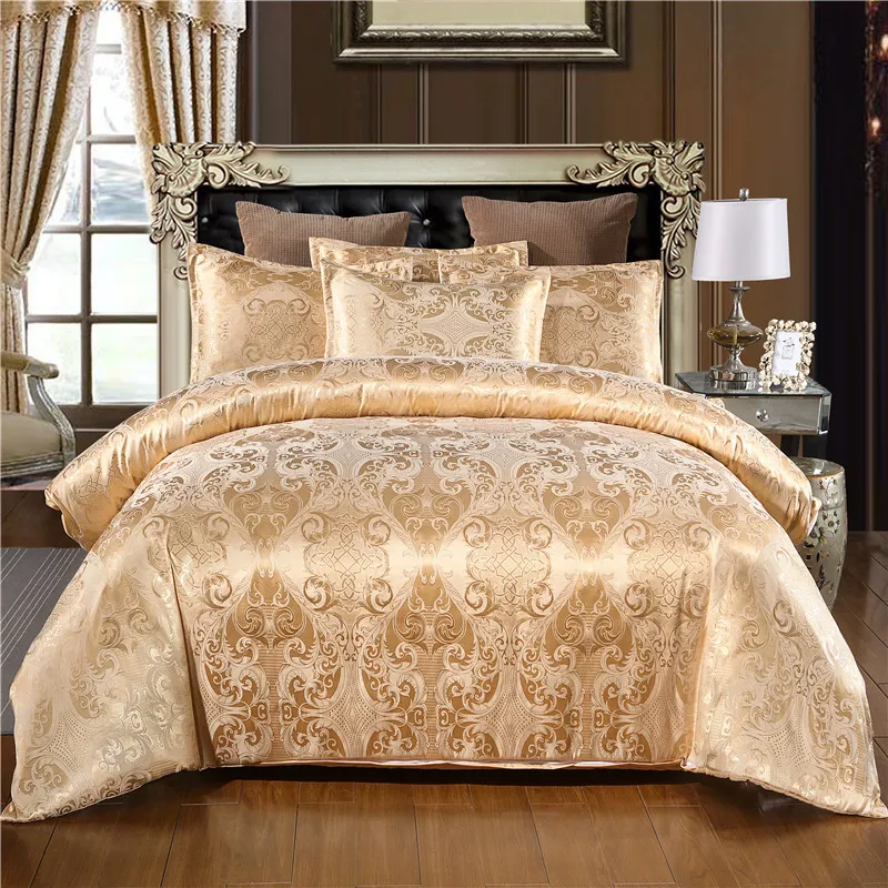 Claroom جاكار مجموعة مفروشات الملكة الملك الحجم غطاء لحاف الحرير بياضات السرير لحاف عالية الجودة الفاخرة اللون الذهب 2 / مل 3pcs المعزي C1018