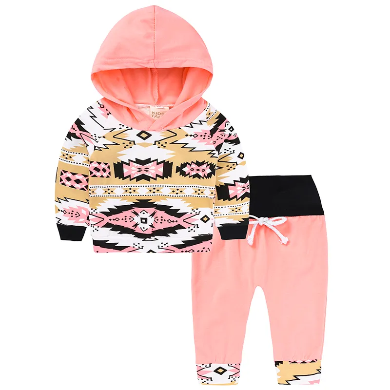  kids girls casual suits cute baby girl geometric hooded+High Waist pant 2pcs clothing set spring children outfit set