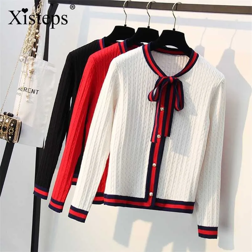 Xisteps femmes épais tricoté Cardigan pull élégant noeud papillon perle bouton O cou femme automne hiver manteau dames rayure veste 220124