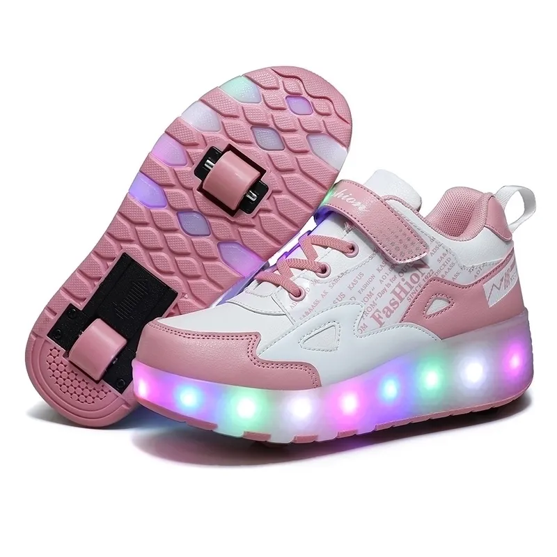 Kids LED usb roller shoes for boy girl glowing light up luminous sneakers with on wheels kids girls rollers skate shoes 201130