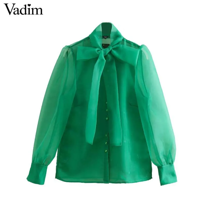 Vadim Women Green Orgnzaブラウスランタンスリーブ蝶ネクタイラースタイリッシュな女性カジュアルシャツ長袖ソリッドトップスBlusas LA898 Y200930