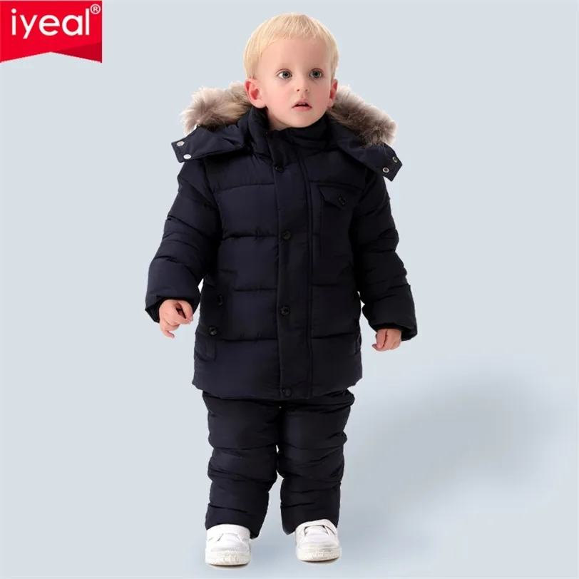 IYEAL Russia Winter Warm Children Clothing Sets for Boys Natural Fur Down Cotton Snow Wear Windproof Ski Suit Kids Baby Clothes 211224