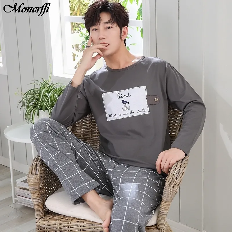 Autumn Winter Knitted Cotton Cartoon Men's Pyjamas Cartoon Pajamas Set Male Sleepwear Pyjamas Nightsuits Pijama XXL Homewear 201008