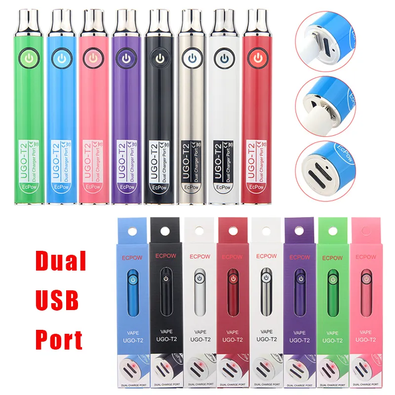 EKPOW UGO T2 EVOD Rehaat Vape Pen Bual USB Plug Portec Ładowanie 650mAh 900 mAh Podgrzewanie VV 510 Gwint akumulator