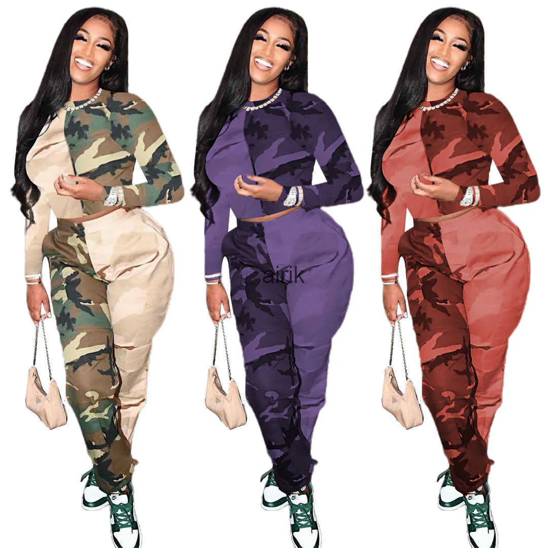 2023 Spring / Summer Two Pants Sets Women Blocking Camouflage Jogging Suit Animal Print 2 Piece Set