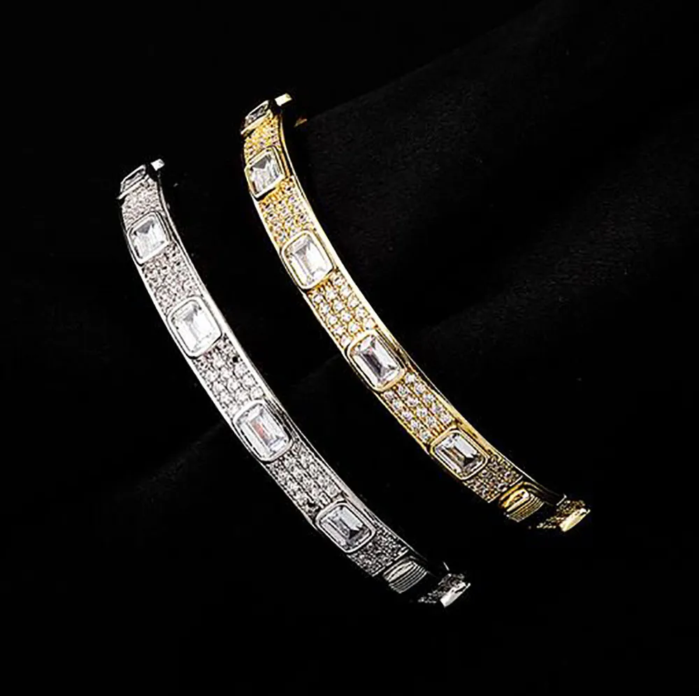 Mens 14K Yellow Gold Diamond Iced Square Link Bracelets Cubic Zirconia Micro Pave Diamonds Hip Hop Bangle Bracelet