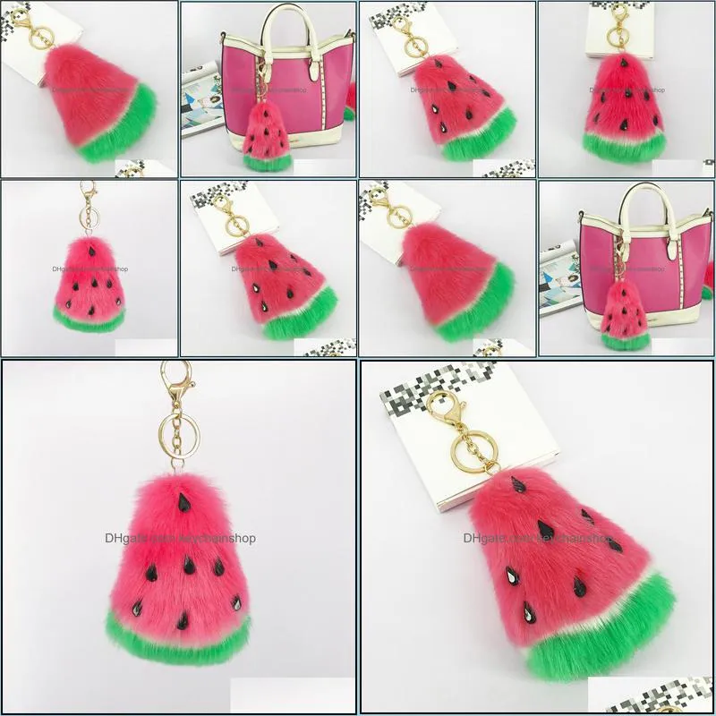 Hot Fashion Pom Pom Key Chain Cute Watermelon Shape Fur KeyChains For Girls Bunny Keyring Car Chic Fruit Design Bag Charm