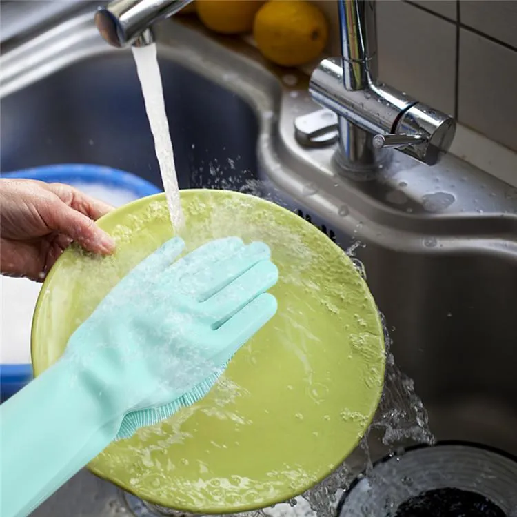 Nya Silikon Rätter Handskar med rengöring Borste Kök Tvätta Hushållning Tvättshandskar 100% Matkvalitet Diskmaskin
