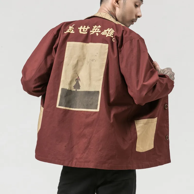 Autumn Hero Kanji Japanese Street Chaqueta de algodón Negro Rojo Hip Hop Coat Us Size XS-XXL 201120
