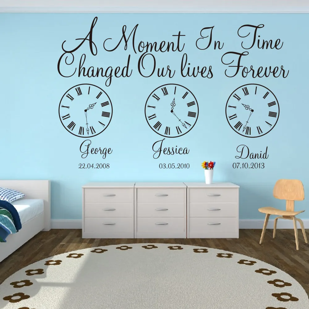 Custom Name Kids Birth Date Wall Decal Kids Room Bedroom A Moment In Time Changed Our Lives Clock Wall Sticker Vinyl Nursery Art (3)