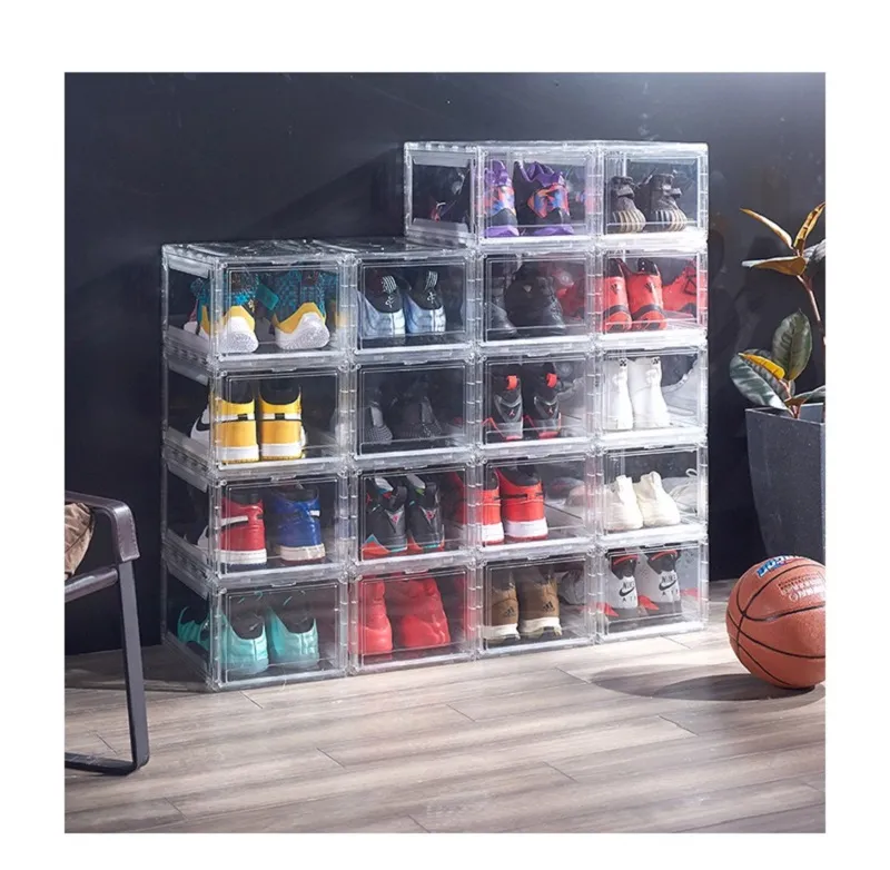 Tjockerad klart plastskobåda Dammtät Sport Sko Förvaringslåda Transparent Sneaker Boxes Stackbara Boot Organizer Box Magnetic Attraktiv