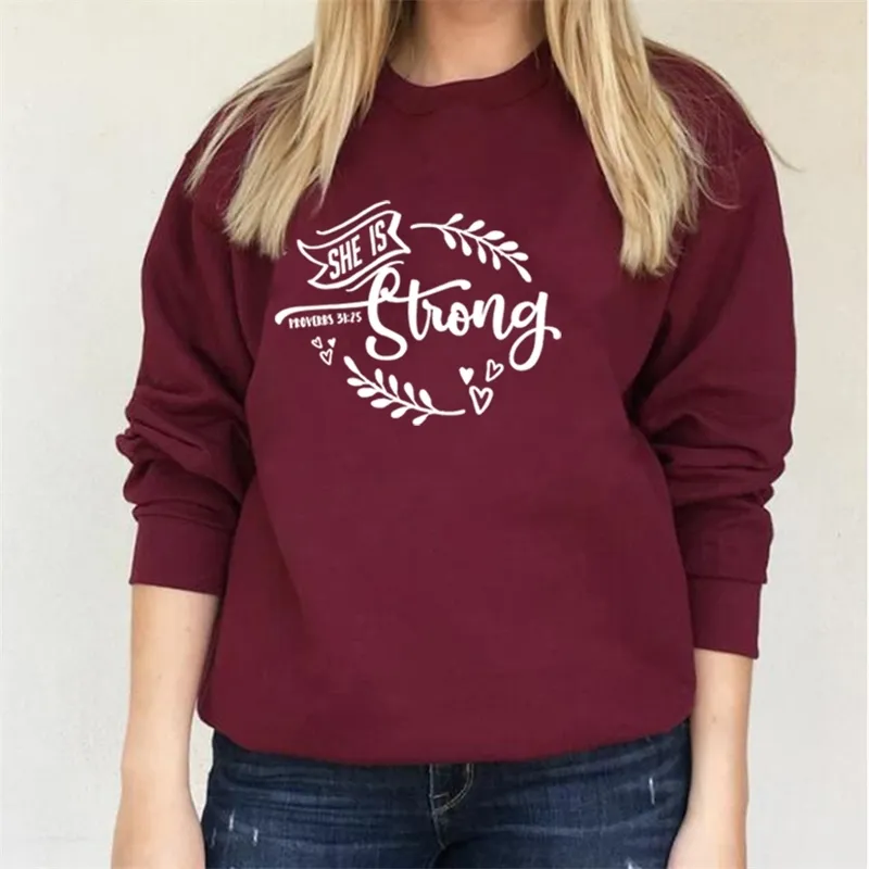 She Is Strong Graphic sweatshirt Women Streetwear Aesthetic Religion Christian Jesus Faith hoodies Cotton 80 Girl Tops Drop Ship T200525