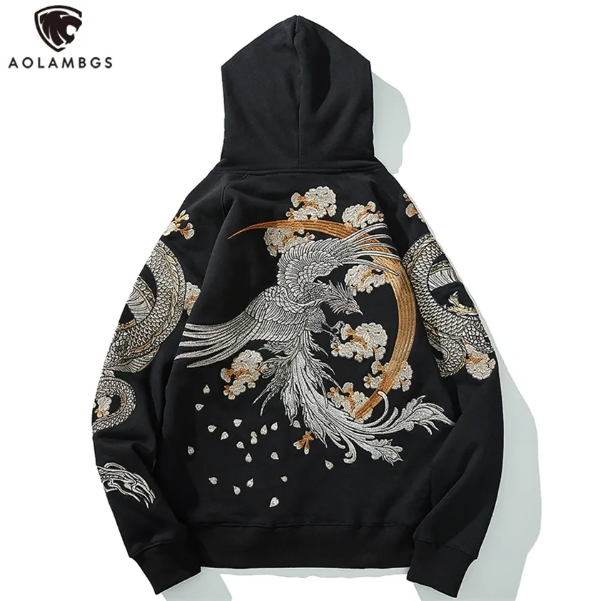 Aolamegs Men's Fleece Hoodies Japanese Hooded Sweatshirt Dragon Phoenix Embroidery Autumn Retro Casual Pullover High Street Tops 220215