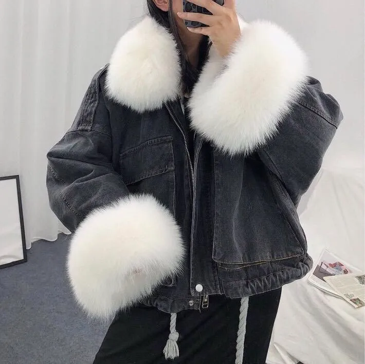 Winter Womens Oversized Denim Jacket With Fur Collar Plus Velvet