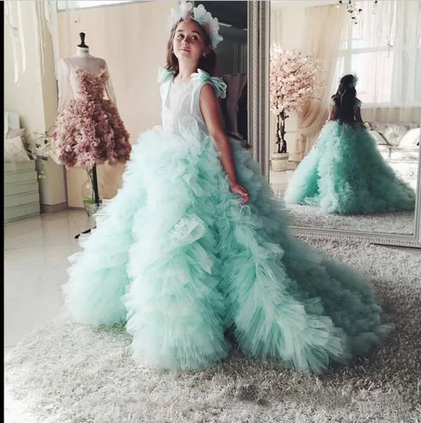 Lovely Mint Flower Girl Pageant Dresses For Girls Glitz Court Train Tulle kids Wedding Dresses With Bow Straps Childrens Ball Gowns