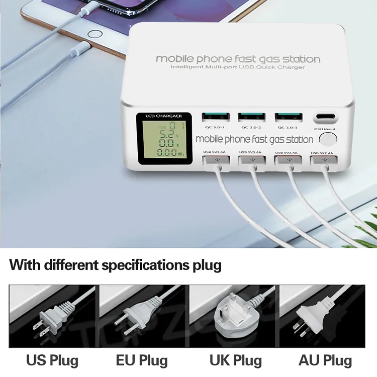 8-port 100W Mobiltelefoner Laddare 1 PD 48W Typ-C Fast Laddning + 3 QC3.0 +4 portar USB 2.4A Laddstation