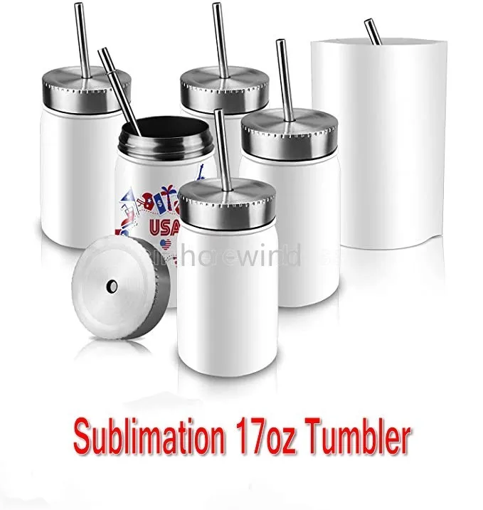 DHL Sublimation Blank Mason Jar Tumbler 17OZ Wide Mouth Metal Lid Stainless Steel Drinking Straw Reusable Travel Mugs Milk Bottles FY5078 EE