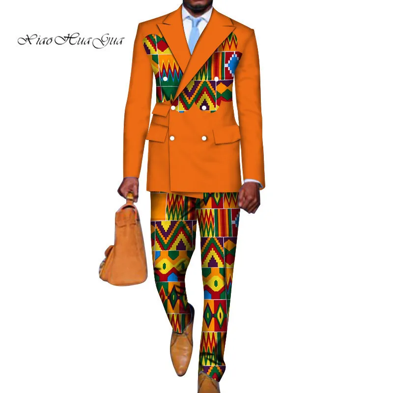 2 Pieces set Blazer and Pants Mens African Clothing Ankara Clothes Bazin Riche African Wax Print Top Suits and Pants Sets LJ201117