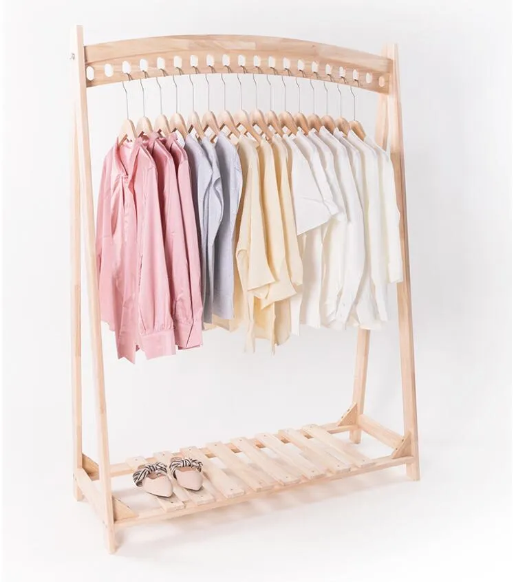 Creative solid wood floor hanger multi hole bedroom clothing store display rack show double hanging central shelf