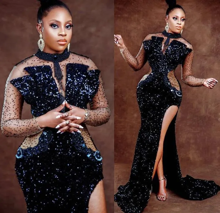 2022 Plus Storlek Arabisk Aso Ebi Black Mermaid Sexy Prom Klänningar Beaded High Split Sequined Evening Formell Party Andra mottagningstorkar Klänning