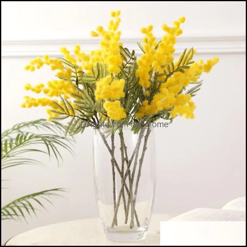 38cm Fake Acacia Artificial Flowers Yellow Mimosa Spray Cherry Fruit Branch Wedding Home Table Decoration Flower Decorative & Wreaths