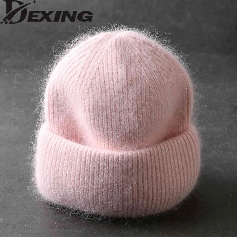 2021 Fashion Fabbit Fur Soft Warm Fluffy Winter Hat for Women Angora Knitted Skullies Beanies Female Bonnet Woman Knit Cap