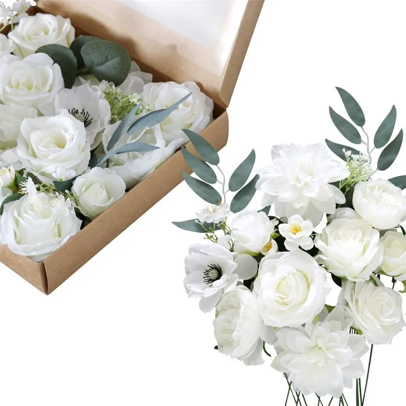 Fleurs artificielles avec boîte Blanc Rose Rouge Bleu Rose Fleurs pour DIY Bouquets De Mariage Centres De Table Arrangements Décoration LLD12873