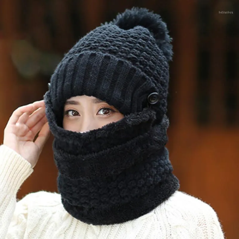 Pcs/Set Women Winter Hats With Breathing Mask 2in1 Knitted Cap Girl Pompoms Hat Plush Warm Lined Neck Scarf Cycling Caps & Masks