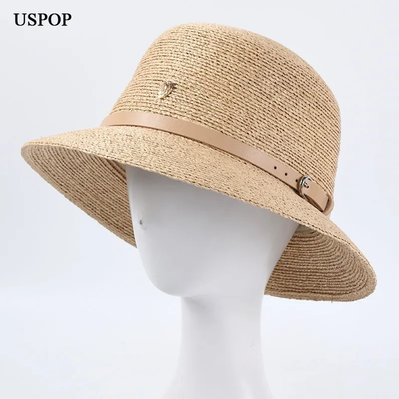 USPOP chapeaux de soleil femmes raphia chapeaux de paille britannique ceinture en cuir à bord court décoré chapeaux de paille Y200714