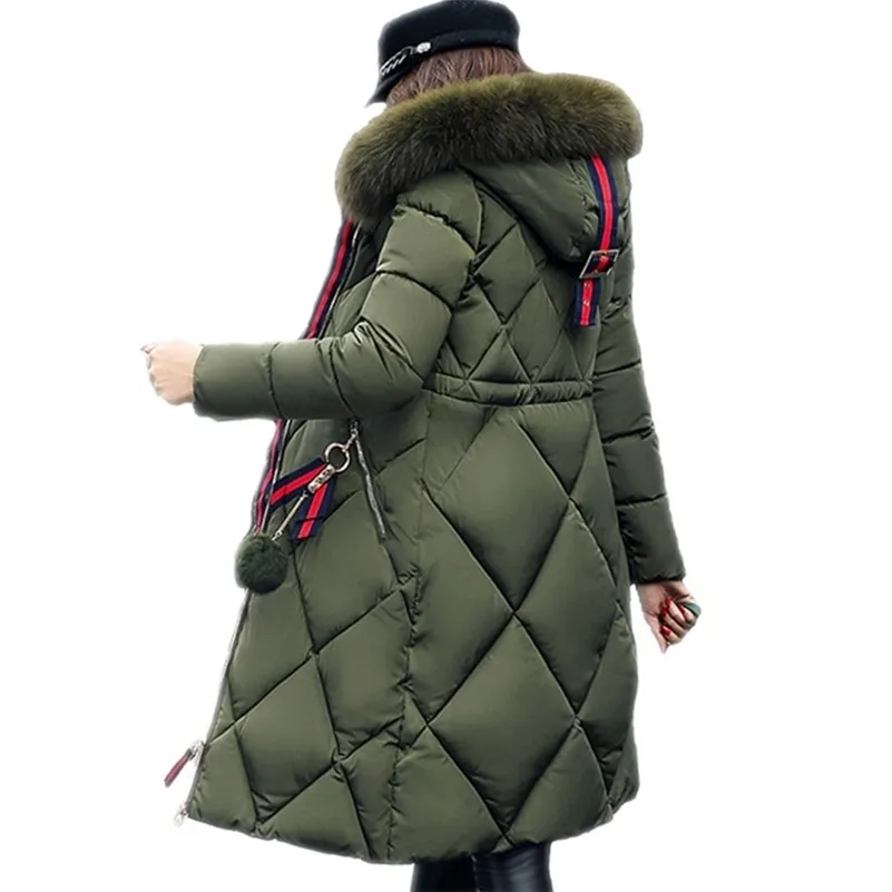 Большое меховое зимнее пальто утолщенные Parka женщины шить тонкий длинный зимний пальто хлопчатобумажные дамы вниз парку вниз куртка женщины LJ201021