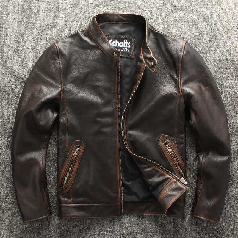 Stehen Vintage Braun Kragen Herren Echtes Rindsleder Jacke Mode Männer Motorrad Echtes Leder Biker Mantel Asiatische Größe LJ201029