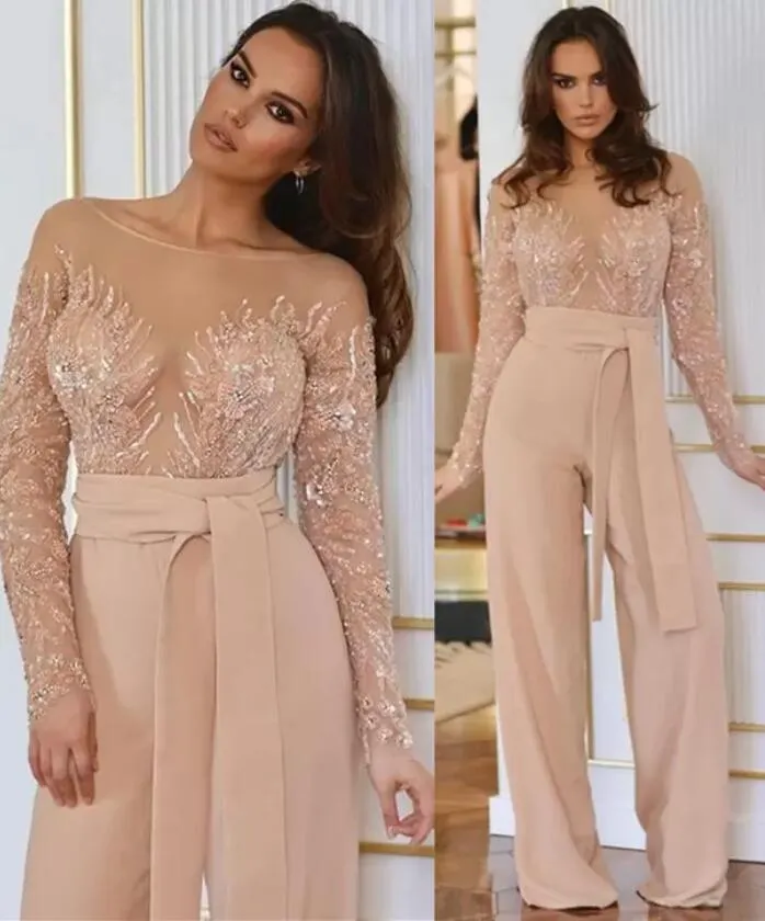 Szampańscy kombinezony Prom Dresses Sheer Neck Szyfon z długim rękawem Wieczór Formalna Party Druga Recepcja Urodziny Suknie Zaręczynowe Suknia