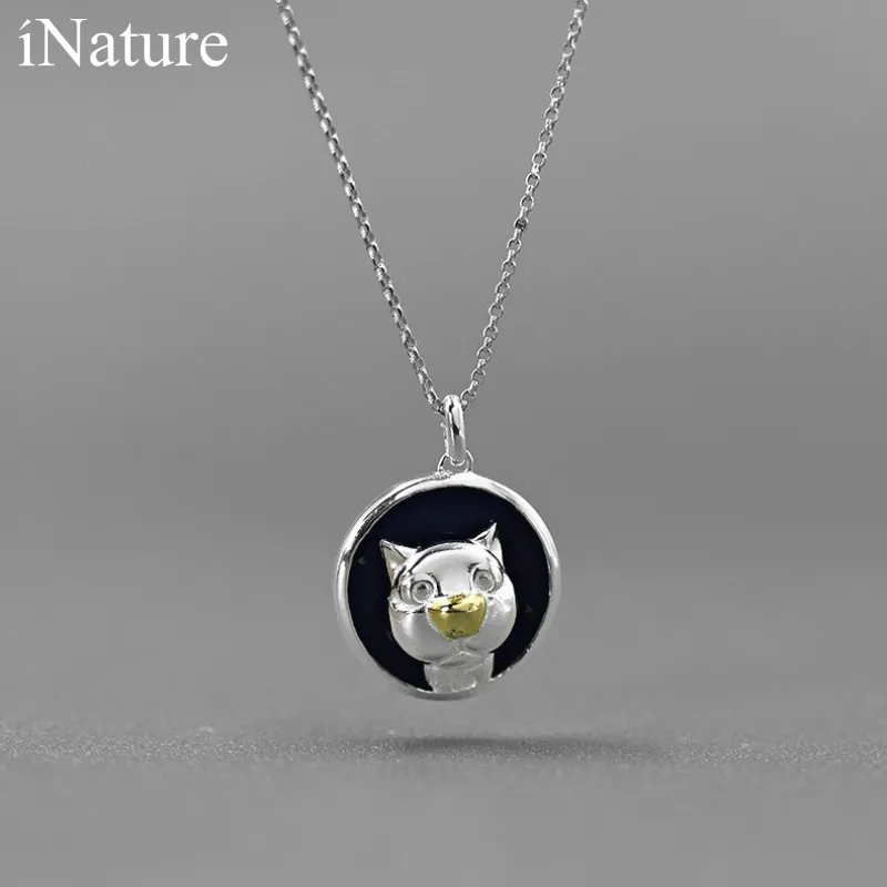 INATURE Cat Selfie 925 Sterling Silver Chain Necklaces For Women Blue Lapis Lazuli Round Pendant Necklace Fine Jewelry Q0531