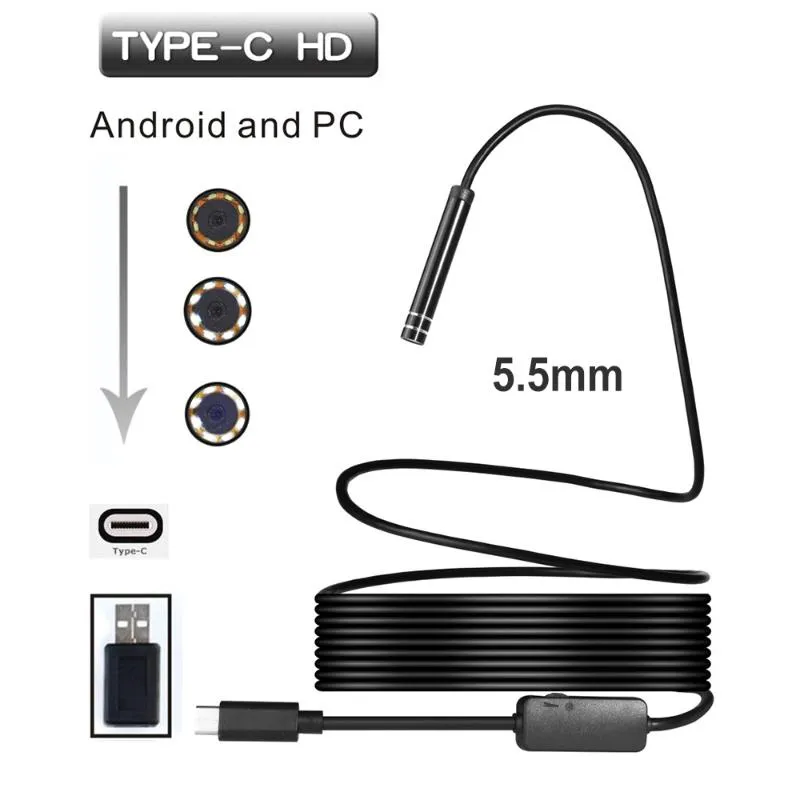 5,5 mm lins typ-c endoskop inspektion kamera 3m 5m 10m orm flexibel kabel Borescope kamera för Android telefon Windows PC